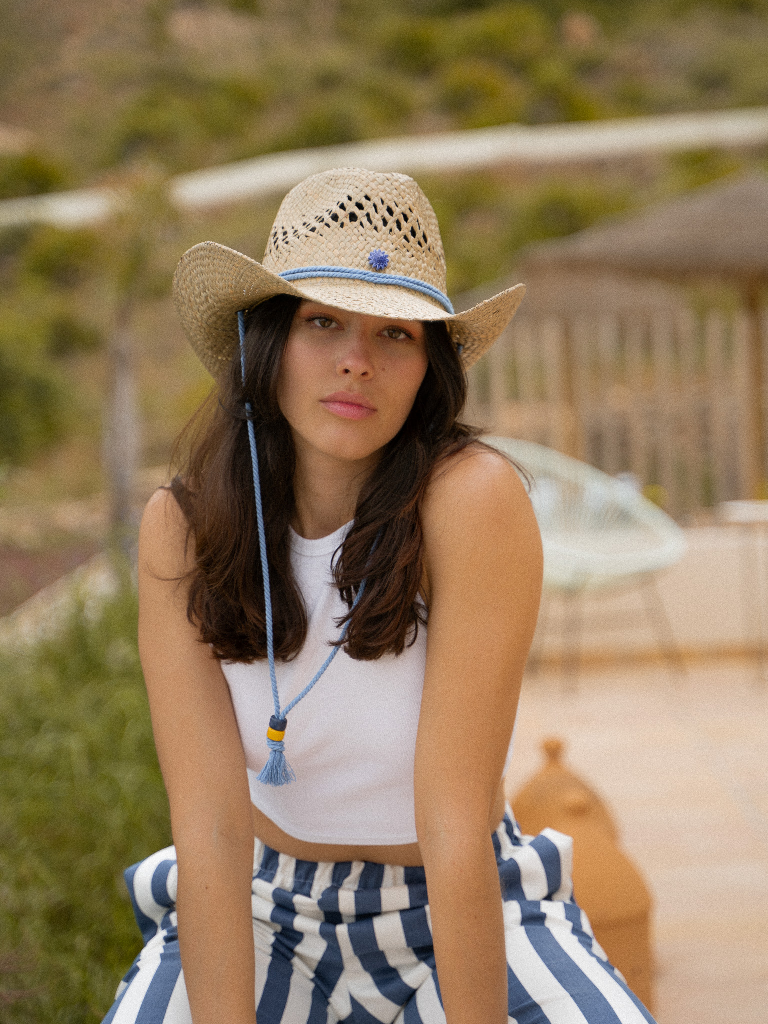 Sombrero Cowboy de Mujer Rafia Azul para Verano -  España